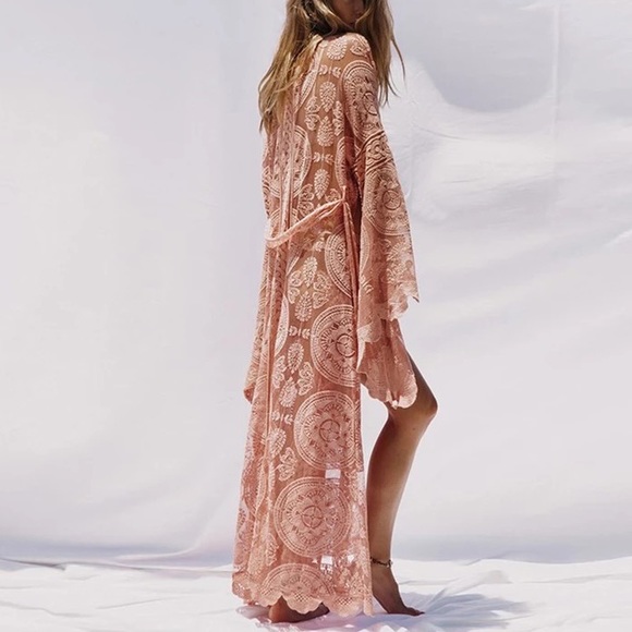Peachy Cream Boho Scalloped Embroidered Malie Kimono Duster, Cotton Lace Robe - Picture 6 of 9